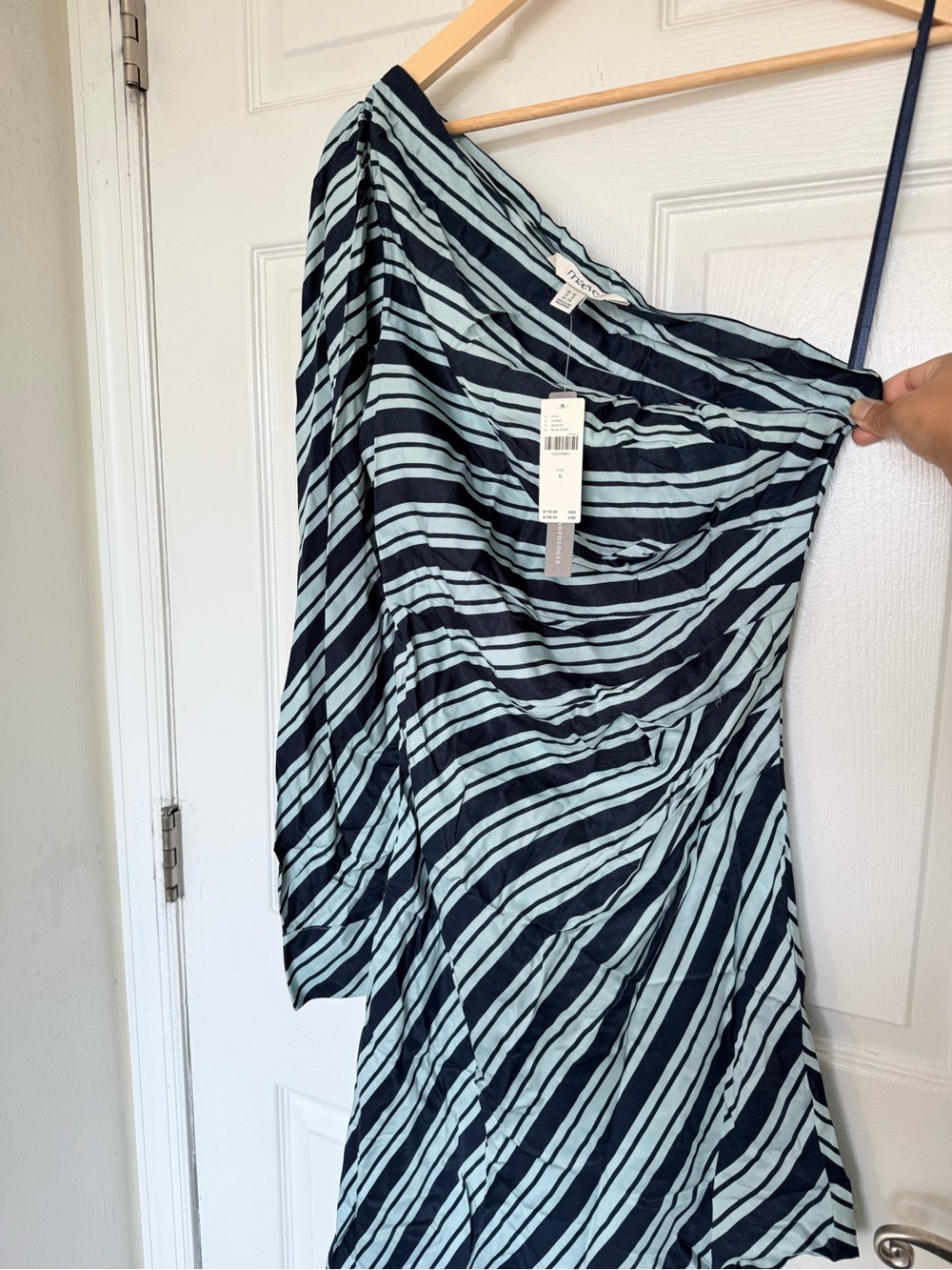 Maeve One-Shoulder Navy and Light Blue Striped Dress